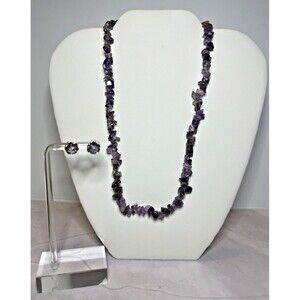Amethyst Chip Bead Necklace & Amethyst Flower Earring Set, (0127)